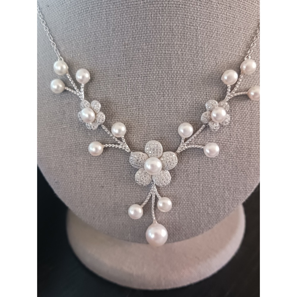 Silver Cultural Pearl Floral Statement Necklace Bridal Wedding Jewelry Pavé - Picture 1 of 5